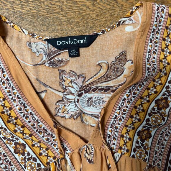 Davi & Dani Women Long Sleeve Boho Peasant Top 2XL Paisley Brown Floral Fall - Picture 3 of 8
